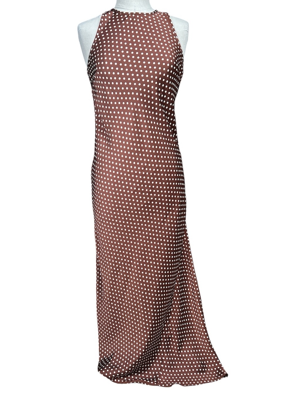 Christian Lacroix Satin Maxi Dress Brown/White Polka Dots Small Quiet Luxury - Picture 3 of 9